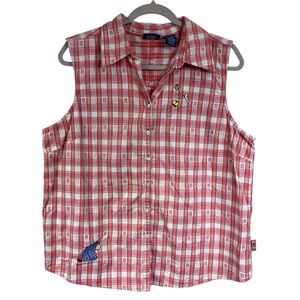 Disney Eeyore Winnie the Pooh Red White Plaid Sleeveless Button Up Top Vest S-XL